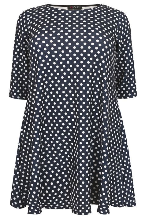 Navy And White Polka Dot Print Textured Swing Dress With Half Sleeves