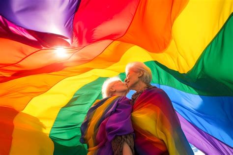 Premium Photo Older Lesbian Couple Hugging Kissing With Rainbow Flag