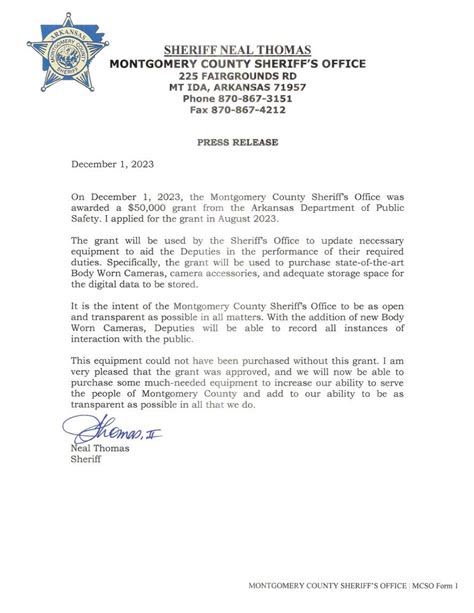 Press Release December 1 2023 New Body Cams Press Releases Montgomery County Ar Sheriff