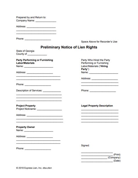 Preliminary Printable Lien Form Printable Forms Free Online