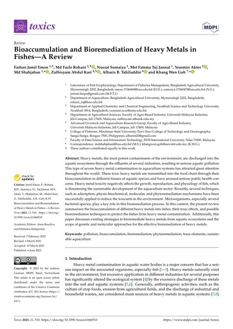 PDF Bioaccumulation And Bioremediation Of Heavy Metals In Fishes A Review