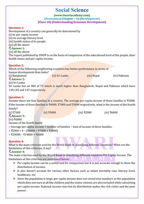 Ncert Solutions For Class 10 Economics Chapter 1 Development In Pdf