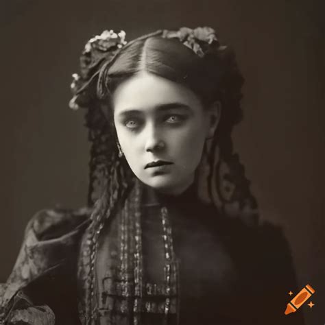 Vintage Black And White Photograph Of A Victorian Woman In Mourning On