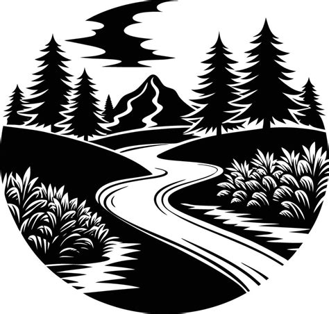 A black and white silhouette illustration of a river and trees 46977877 ...