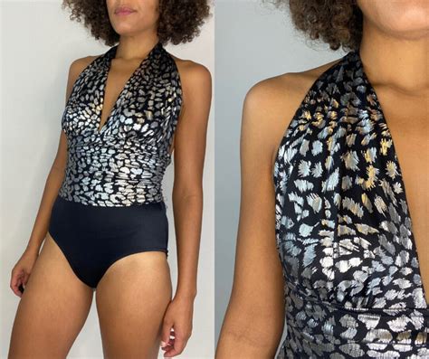 80s One Piece Halter Top Swimsuit 1980s Black And Silver Metallic