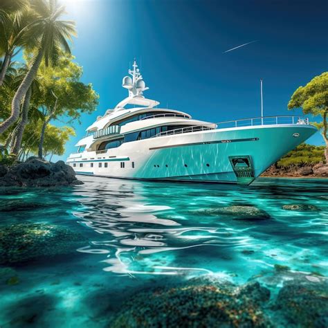 Yacht De Luxe Sur Une Plage Paradisiaque Aux Eaux Turquoise Et Palmiers