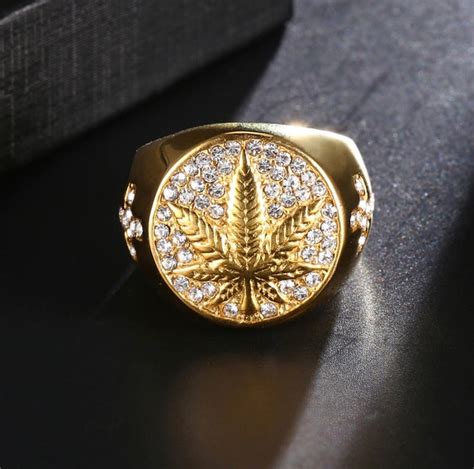 Iced Out K Gold Plated Weed Ring Cz Hip Hop Rapper Etsy