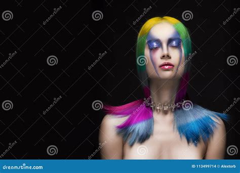 Beautiful Dyed Rainbow Multicolored Hair Naked Shoulders Closed Stock Photo Image Of Makeup