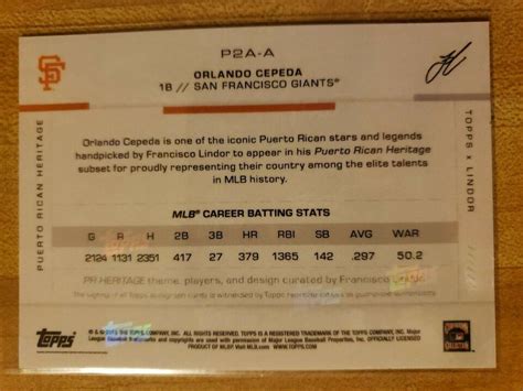 Orlando Cepeda Auto 2019 Topps X Lindor Autograph Puerto Rican Heritage