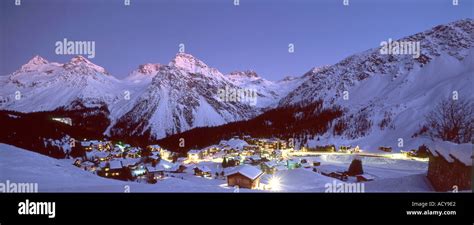 Switzerland Arosa Panoramic view winter landscape twilight Stock Photo ...