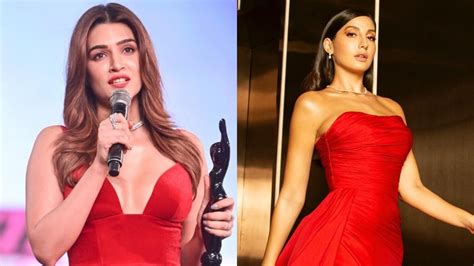 Nora Fatehi In Strapless Thigh High Slit Satin Gown Or Kriti Sanon In