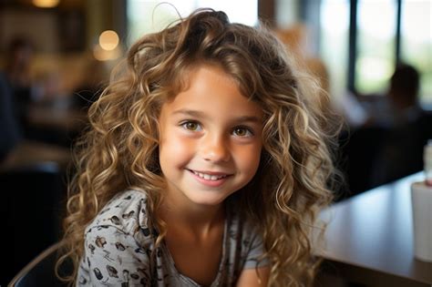 Premium Ai Image A Young Girl With Curly Hair Sitting At A Table