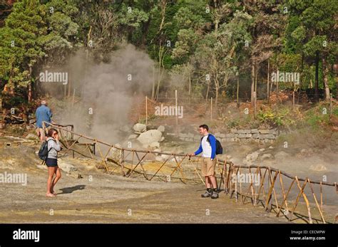 EUROPE PORTUGAL AZORES São Miguel Lagoa das Furnas steaming hot springs showing geothermal