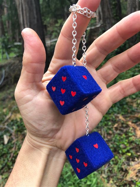 Royal Blue Fuzzy Dice With Red Hearts And Chain Or Cord Car