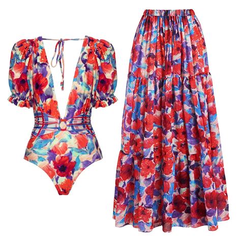 Women Multicolor Floral Print Swimwear Ruffle Sleeve Bikini One Piece Puff Sleeve Open Back