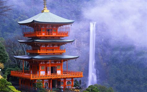 Tranquil Japanese Temple Waterfall Hd Wallpaper