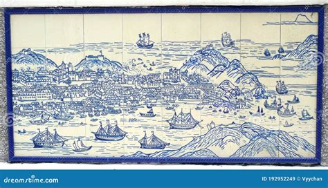 Retro Antique Maps Macau Azulejo Azulejos Ancient Vintage Macao Map Portuguese Colony Blue Delft ...