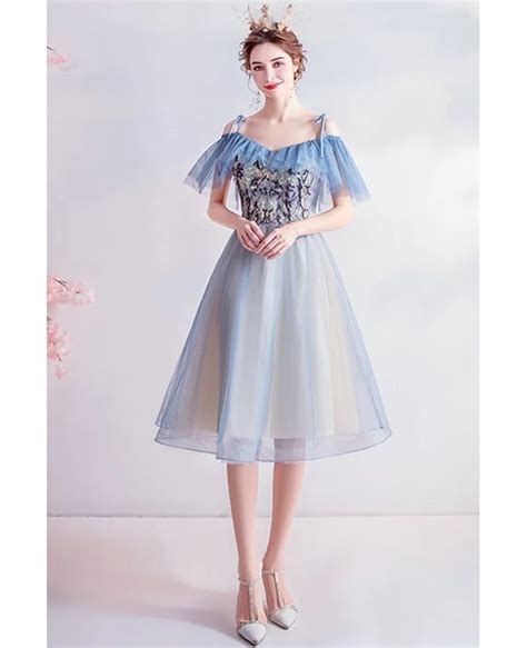 Blue Knee Length Tulle Cute Homecoming Prom Dress With Appliques