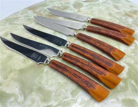 Vintage 1960s Glo Hill Knives Set Bakelite Faux Antlers Handles Steak