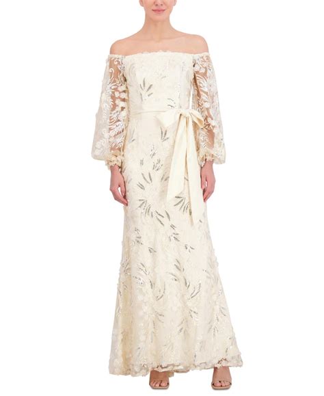 Eliza J Sequin Embroidered Balloon Sleeve Gown In Natural Lyst