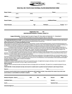 Fillable Online 2016 FALL NFL YOUTH FLAG FOOTBALL PLAYER REGISTRATION