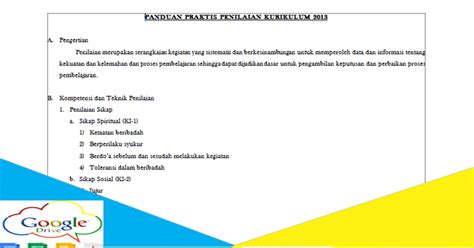 Panduan Praktis Penilaian Kurikulum 2013 Guru Kelas Contoh Format