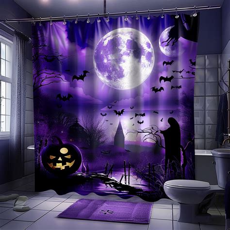 Spooky Halloween Purple Bathroom Shower Curtain With Full Moon Ghosts