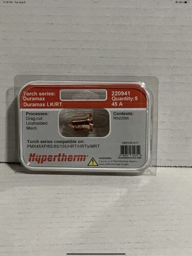 Genuine Hypertherm 220941 45A Nozzle 5 Pack Powermax 45XP 65 85 105