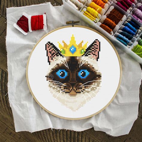 Crowned Siamese Cat Cross Stitch Pattern Modern Cross Stitch Etsy