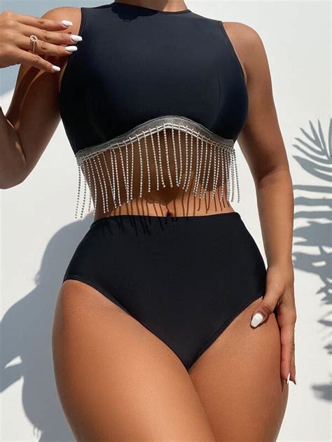 Bañador bikini con diamante de imitación ribete con fleco de talle alto