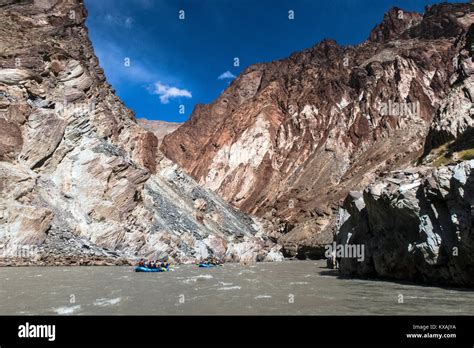 Adventurous People Rafting In Zanskar River Gorge Ladakh Region Jammu