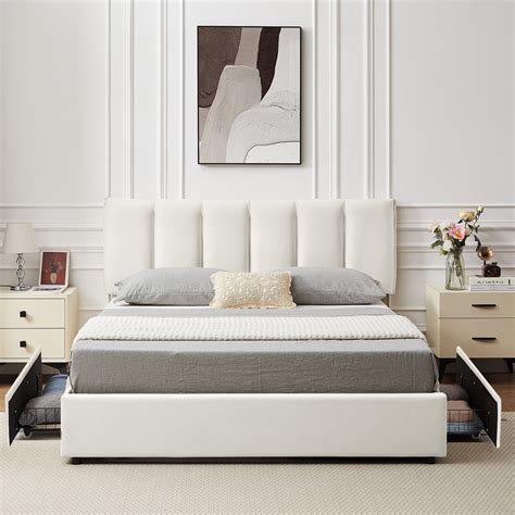 VECELO Queen Size Bed Frame With 4 Storage Drawers Upholstered