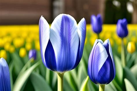 Premium AI Image A Field Of Purple Tulips With Green Stems Blue Wall