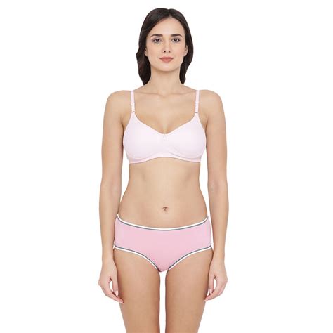 Buy Clovia Cotton Rich Non Padded Wirefree T Shirt Bra And Mid Waist Hipster Panty Pink Online