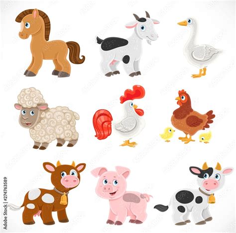 Cute cartoon farm animals set isolated on a white background. Cows, hen,sheep, rooster, chickens ...