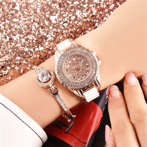 2pcs Luxury Set Ladies Watch Rose Gold Women Watches Elegant Fashion