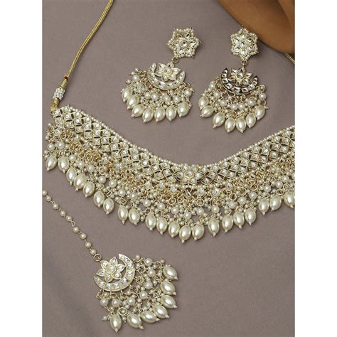 Oomph Gold Kundan Choker Necklace Set Kundan Studded With Earrings