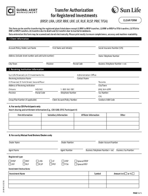 Fillable Online Ci Sunlife Transfer Authorization For Registered