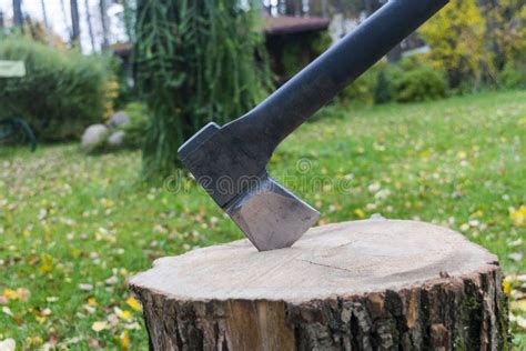 Axe Ready for Cutting Timber. Axe in Stump. Lumberjack Axe in Wood ...