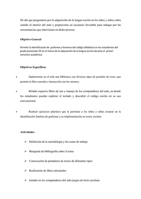 Proyecto Lecto Escritura Pdf Descarga Gratuita