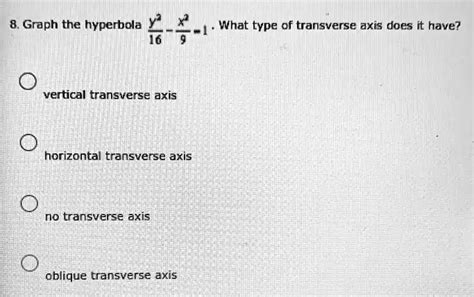 SOLVED: 8. Graph the hyperbola What type of transverse axis does it have? vertical transverse ...