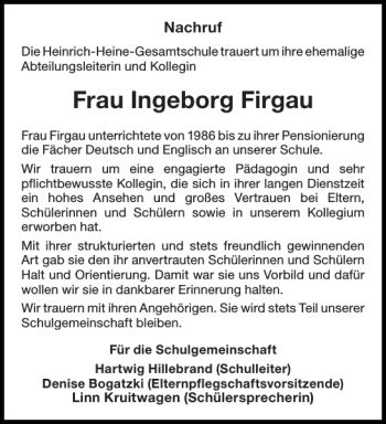 Traueranzeigen Von Frau Ingeborg Firgau Aachen Gedenkt