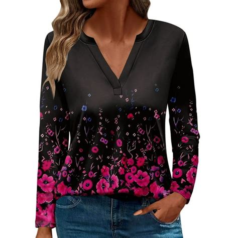 2024 Womens Fall Tops Floral Print Tshirts Long Sleeve V Neck Tunic Tops For Leggings Tees