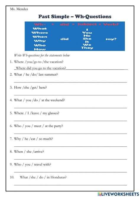 Past Simple Wh Questions Online Exercise For Live Worksheets