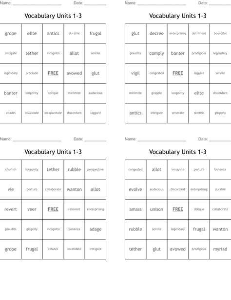 Vocabulary Units 1 3 Bingo Cards Wordmint