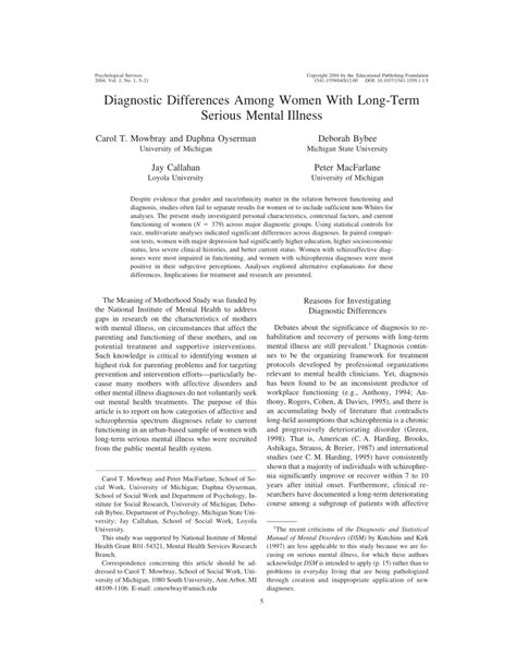 Pdf Diagnostic Differences Among Women With Long Term Serious Mental