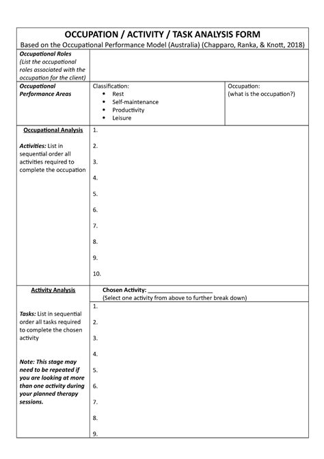 Occupation Activity Task Analysis Template Updated Occupation Activity Task Analysis Form