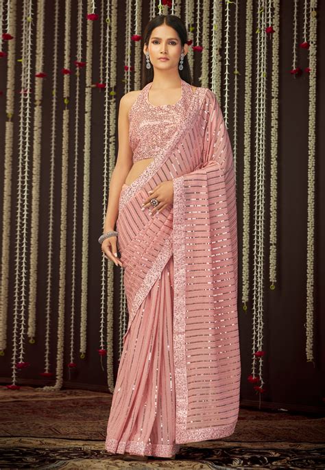 Pink Georgette Sequence Saree With Blouse 19004