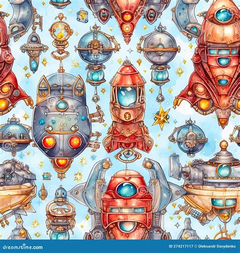 Fantasy Watercolor Seamless Pattern With Cartoon Alien Spaceships