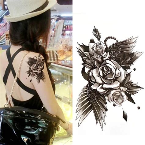 Black Big Rose Flower Body Art Waterproof Temporary Sexy Tattoos For